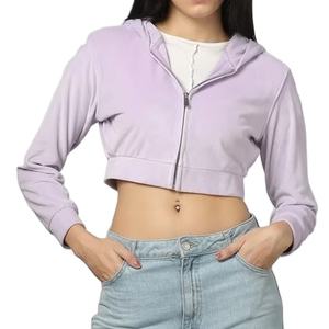 Sudaderas con capucha y sudaderas para mujer con cremallera, Top corto personalizado con cremallera completa de algodón 100% polar para niñas, Sudadera con capucha sexy reflectante de terciopelo para mujer - Product Image 3