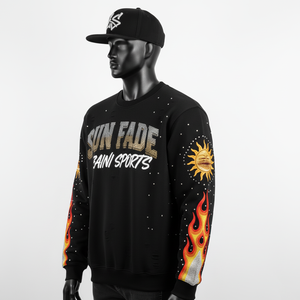 Premium 330 GSM Cotton Polyester Sun Fade <b>Sweatshirt</b> <b>Black</b> with Flame Sleeves Rhinestone Logo Custom Design Basics <b>Sweatshirts</b> - Product Image 2