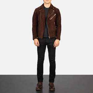 Armand Vintage Biker <b>Jacket</b> Mocha <b>Suede</b> High Winter Stand Hood Woven Spandex Cotton Breathable Sheep Letter Casual Spring Winter - Product Image 3