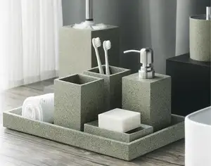 Màu xanh lá cây gốm phụ kiện phòng tắm Set bê tông phòng tắm Organizer giữ bàn chải đánh răng bán sỉ khách sạn phụ kiện phòng tắm Set
