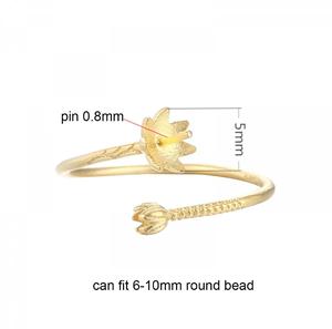 Base de anillo de flor de plata 925, montaje de anillo ajustable en blanco con Pin para medio perforado, ajuste de perla redonda de 6-10mm, joyería Vermeil - Product Image 2