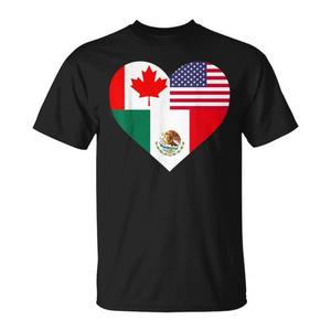 T-Shirt con Bandiera di Messico, Canada e USA, Nera, Unisex, Collo Tondo, Manica Corta, Stampa Digitale, Promozionale - Product Image 1