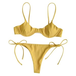 Ensemble bikini brésilien 2 pièces pour femme, imprimé par transfert thermique personnalisé, motif uni, maillot de bain push-up avec cordon de serrage sur le devant, prêt à expédier - Product Image 1
