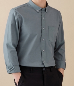 เสื้อเชิ้ตลำลองผ้าอ๊อกซ์ฟอร์ดแนวธุรกิจผ้าฝ้าย100% สำหรับผู้ชายสีพื้นลายทางกระดุมแถวเดียว - Product Image 2