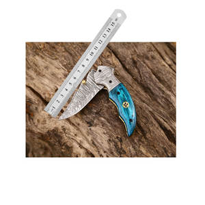 Cuchillo de bolsillo plegable EDC de acero de Damasco personalizado hecho a mano mango de madera exótica Funda de cuero con hoja de 3 pulgadas-para acampar DIY soporte OEM - Product Image 1