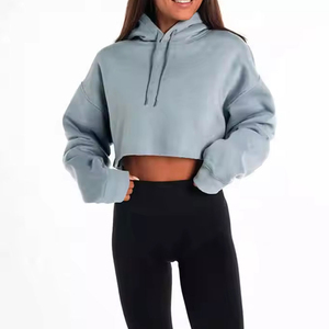 Sweat à capuche de qualité supérieure 100% coton avec cordon de serrage Sweat-shirt d'hiver avec logo personnalisé Sweats à capuche courts pour femmes à épaules tombantes - Product Image 1