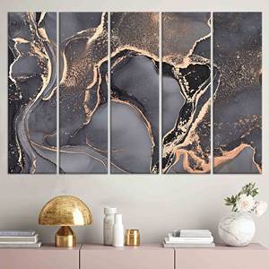 Impression moderne sur toile de vitrail coloré : œuvre d'art en marbre gris et doré, lot de 5 toiles - Product Image 1