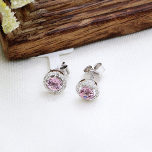 Boucles d'oreilles en or blanc 18 carats faites à la main à motif géométrique en diamant pierre précieuse spinelle rose naturel bijoux de créateur classiques mariage - Product Image 1