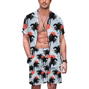 Custom Printed Hawaiian Style Men's Summer Short Set XL Size Cotton Button-<b>Up</b> T-Shirt and Shorts Casual Style - Product Image 5