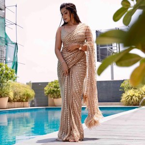 Ấn Độ Độc Quyền Thiết Kế Saree Áo Hợp Thời Trang Mềm Net Vải Với Thêu Và In Mùa Đông Đảng Mặc - Product Image 6