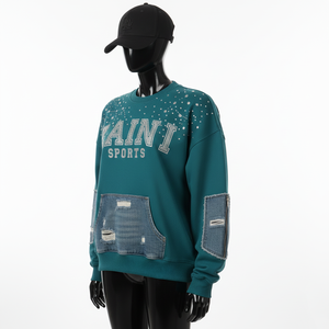 Sudadera de Mujer, Mezcla de Algodón Grueso, Color Verde Azulado, Panel de Mezclilla, Estampado de Diamantes de Imitación, Logotipo Personalizado, Sudaderas Transpirables para Mujer - Product Image 4