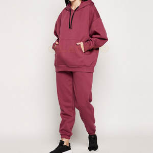 Color sólido algodón polar invierno Casual largo mujer chándal 2 piezas con capucha transpirable profesional - Product Image 3