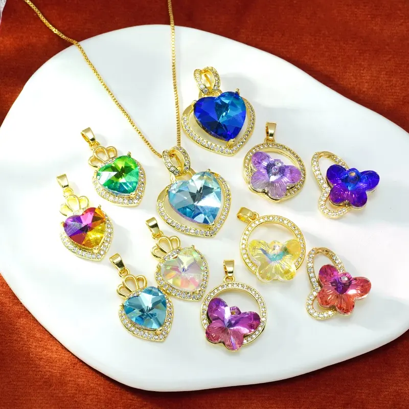 Novidade pingente de cristal multicolorido joia DIY banhado a ouro 18K coração borboleta zircão pingentes para colar brincos pulseira