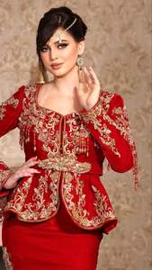 2025@Traditional Algerian Red <b>Jacket</b> and Karakou Dress Embroidery with Crystal Glass Beads Stones Pearls and Dabka Zari Handwork - Product Image 2
