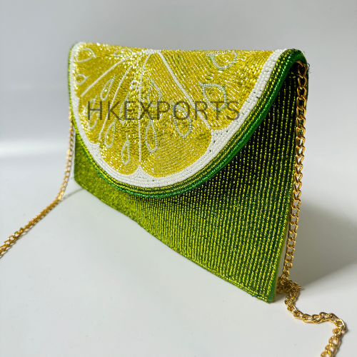 Women's Handmade Green Lemon Multicolor Fruits Beaded Sequined Tassel Tote Bag Unique Boho Chic Style Leopard Pattern Zipper