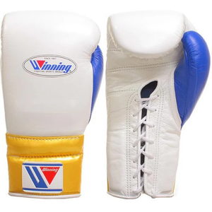 ถุงมือชกมวยแบบผูกเชือก Winning สีขาว น้ำเงิน ทอง หนังแท้คุณภาพพรีเมียม สำหรับฝึกซ้อมและแข่งขันระดับมืออาชีพ คุณภาพระดับอีลิท - Product Image 1