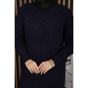 Navy Blue Maxi A-Line <b>Dress</b> Textured Knit Casual Modest Style Simple Fashion Print <b>Loose</b> Winter Made Viscose Nylon Washable - Product Image 5