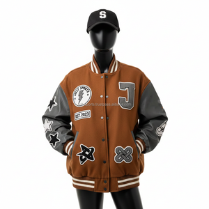 Veste universitaire pour femmes en mélange de laine GSM avec panneaux en cuir PU marron gris mélangé Logo personnalisé Broderie en chenille Vestes universitaires pour femmes - Product Image 1