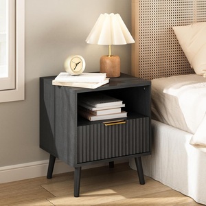 Exquisita mesita de noche de madera con cajón acanalado mango dorado y estante abierto almacenamiento moderno para decoración de dormitorio elegante - Product Image 2