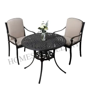 골동품 안뜰 원형 캐스트 알루미늄 야외 가구 커피 테이블 2 개의 의자 골동품 마무리 블랙 매트 마무리