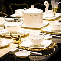 Service de vaisselle en porcelaine en gros pour banquets, avec logo personnalisé, vaisselle en céramique à bordure dorée, assiettes et bols pour restaurant