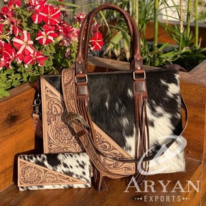 Nuevo bolso de mano con borlas de cuero de vaca a mano, nuevo bolso de mano de cuero de vaca con estilo occidental, conjunto combinado de cuero genuino - Product Image 1