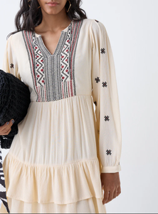 Vestido escalonado algodón bordado azteca crema cachemir Bombay - Product Image 3