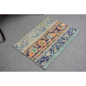 Alfombra Turca Vintage Pequeña de 2x2.7 pies, Alfombra de Lana con Estampado Animal Azul y Naranja - Product Image 2