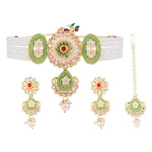 Étnico tradicional esmalte Kundan gargantilla Faux perla con cuentas collar pendiente Mangtikka conjunto de joyería nupcial, blanco - Product Image 4