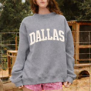 Women Oversize <b>Stand</b> Collar Printed Sweatshirt Crystal Badge Front Detail Autumn/Winter Casual Loose Fit Soft Fabric Pullover - Product Image 2