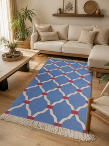 Alfombra Kilim de Algodón Grueso con Patrón Geométrico Hexagonal de Rejilla Marroquí Azul Aciano Hecha a Mano, Tejido Plano Escandinavo Moderno - Product Image 2