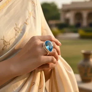 Bague Art Palace en argent 925 avec topaze bleue taille poire, sertie clos, classique et luxueuse, pour femme, avec expertie tierce - Product Image 2