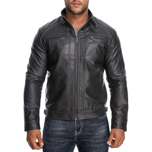 Chaqueta de cuero con cuello levantado para hombre, chaqueta informal de piel sintética para motocicleta, abrigo con bolsillos con cremallera - Product Image 2