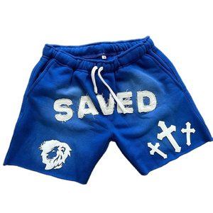 Parche bordado desgastado personalizado Vintage de alta calidad lavado con ácido Sun Fade 100% algodón Terry Raw Hem hombres pantalones cortos - Product Image 3