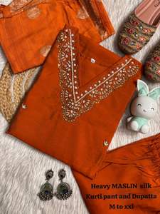 Conjunto de Ropa Étnica Tradicional de Verano para Mujer, Estilo Diwali, Muselina de Seda Natural, Recta y Pesada, Bordada, Kurta, Pantalón y Dupatta, Talla M - Product Image 2