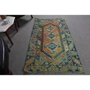 Alfombra de lana turca Vintage de 3,5x6,6 pies de gran tamaño azul naranja diseño de retazos área rectangular grande respaldo de látex alfombra de habitación de 10mm - Product Image 3