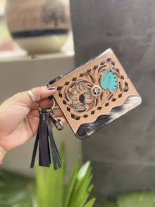 New arrival Cowhide Fur Leather Coin <b>Purse</b> Stylish Clutch <b>Slim</b> Wallet Turquoise Color Hand Tooled Leather Western Unisex <b>Purse</b> - Product Image 4