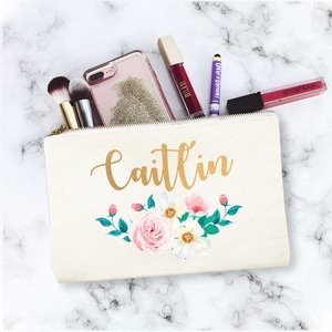 Personalized Cotton Canvas <b>Makeup</b> <b>Case</b> with Rose Embroidery Portable and Zipper Closure Wedding or Birthday Gift - Product Image 3