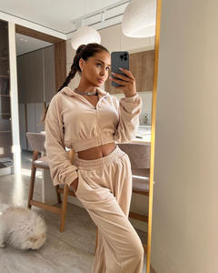 Chándal de dos piezas de algodón 100% para mujer, sudadera con cremallera y pantalones de cintura elástica, traje informal grueso con bolsillos - Product Image 2