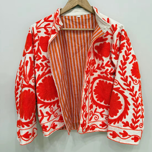 Hermosa Chaqueta de Terciopelo Naranja Suzani, Chaqueta Étnica Boho Bordada, Abrigo Bohemio para Festivales, Chaqueta Corta Bordada Estilo Boho - Product Image 1