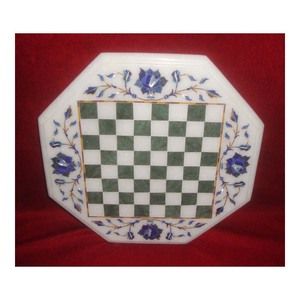 Mesa con incrustaciones de diseño de ajedrez, forma octogonal, alta calidad, mármol blanco pulido, venta al por mayor - Product Image 1