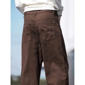 Jean en denim marron pour homme, coupe droite, jambe large, ample, en tissu respirant et écologique, délavé vintage, style streetwear, taille unique - Product Image 5
