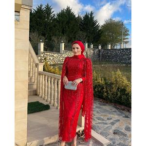 Robe de soirée Crimson Grace au crochet avec cape à sequins, silhouette longue et ajustée pour les soirées formelles - Product Image 3
