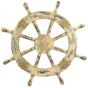 Décoration murale en bois en forme de roue de bateau avec moyeu central en laiton, rayons tournés et poignées, décoration nautique maritime, gouvernail de bateau, bois brun - Product Image 3