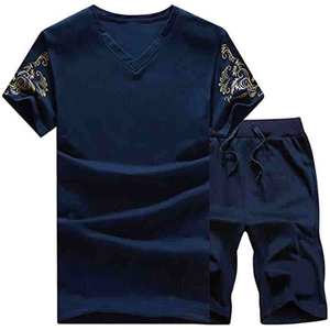 Conjunto de ropa deportiva corta y camiseta estampada, chándal de manga larga de hilo blanco para hombre/traje de jogging/chándal - Product Image 1