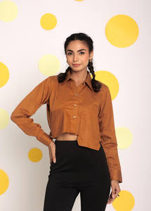 Haut court uni en coton personnalisé pour femmes Nouvelles collections Manches longues Poche avant Col décontracté Marron Style doux disponible - Product Image 4