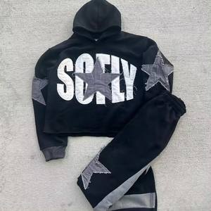 Custom Streetwear Sweatsuit Acid Wash Zip Applique Distressed Embroidery <b>Patch</b> Cropped Hoodie and Sweatpants Set Women Tracksuit - Product Image 3