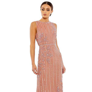 Robe de soirée formelle perlée au genou en mousseline de soie florale gaine ajustée sans manches taille naturelle taille libre soie lavable - Product Image 1