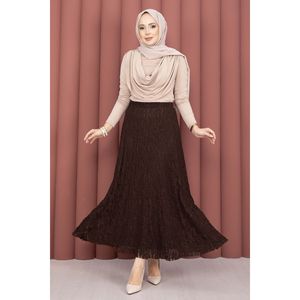 Premium <b>Lace</b> Skirt in Coffee Satin-Chiffon-Knitted with Embroidery & Ruffles Straight <b>Elastic</b> Waist Soft Breathable MOQ 2 Pieces - Product Image 4