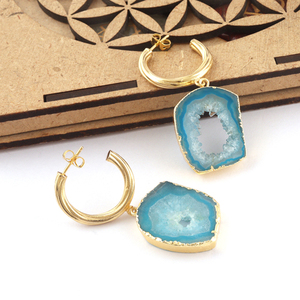 Genuine Chunky <b>Silver</b> <b>Huggie</b> Hoop <b>Earrings</b> Sky Blue Geode Druzy Hanging Slice Designer Gold Electroplated Gift - Product Image 4
